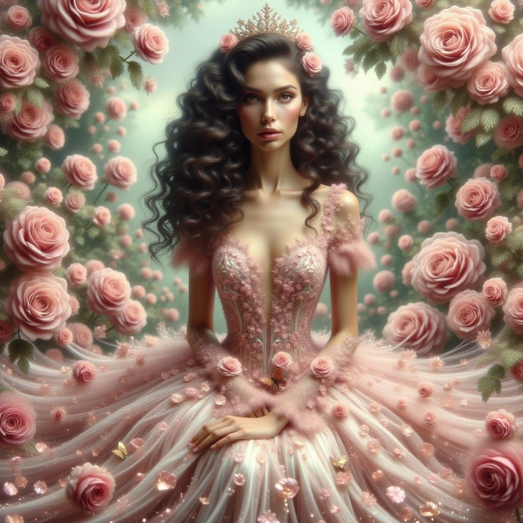 Fairytale Princess Among Roses in Romantic Painterly Style