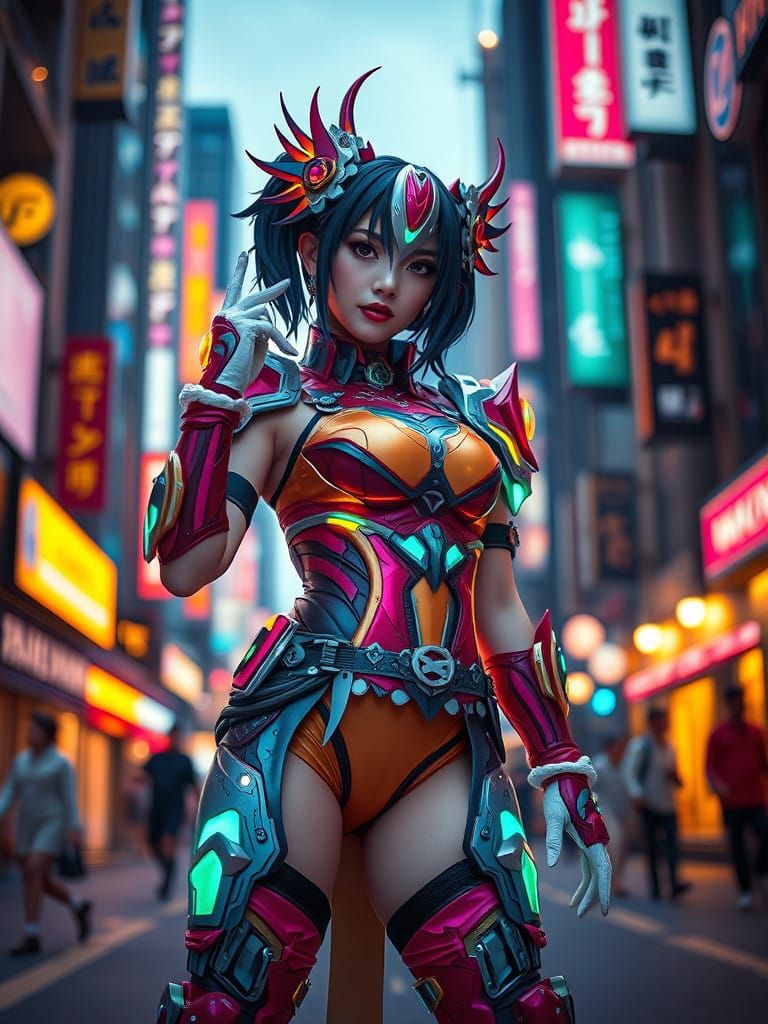 Vibrant Cosplayer in Neon Cityscape