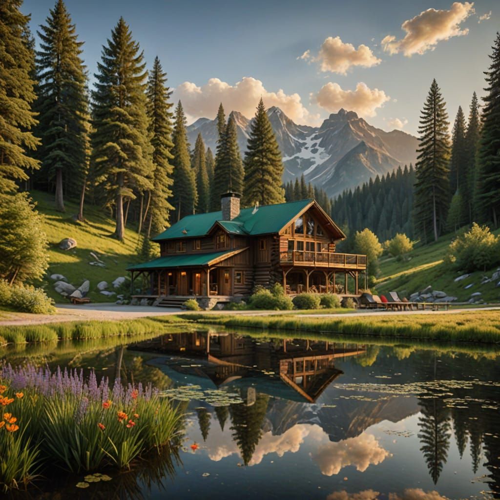Serene Log Cabin by a Mountain Lake with Koenigsegg Hypercar...