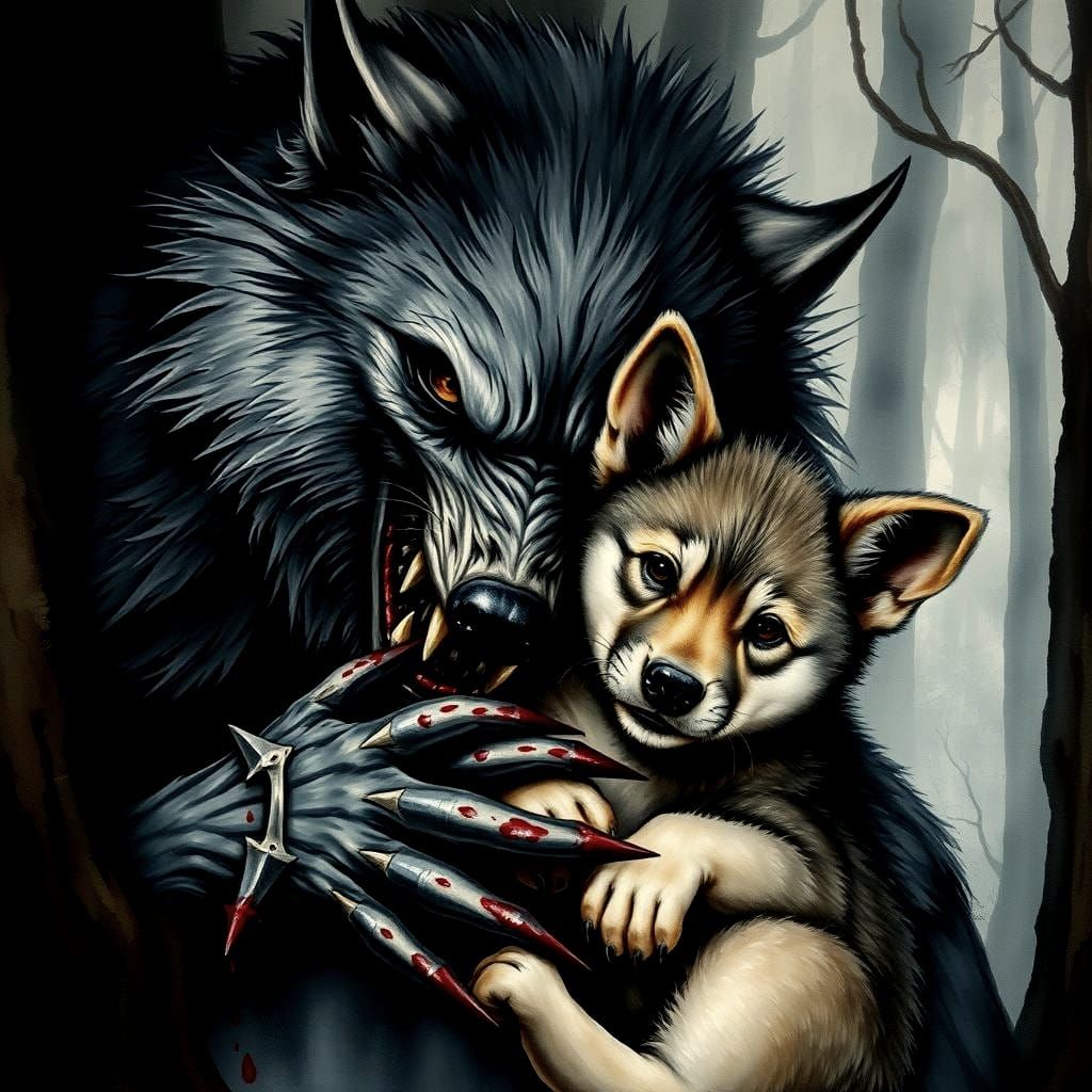 Scary Werewolf Hugs Puppy in Impressionist Gouache Style