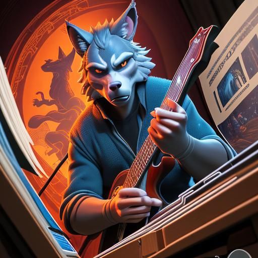 Wolf Musician in Comic Book Art Style