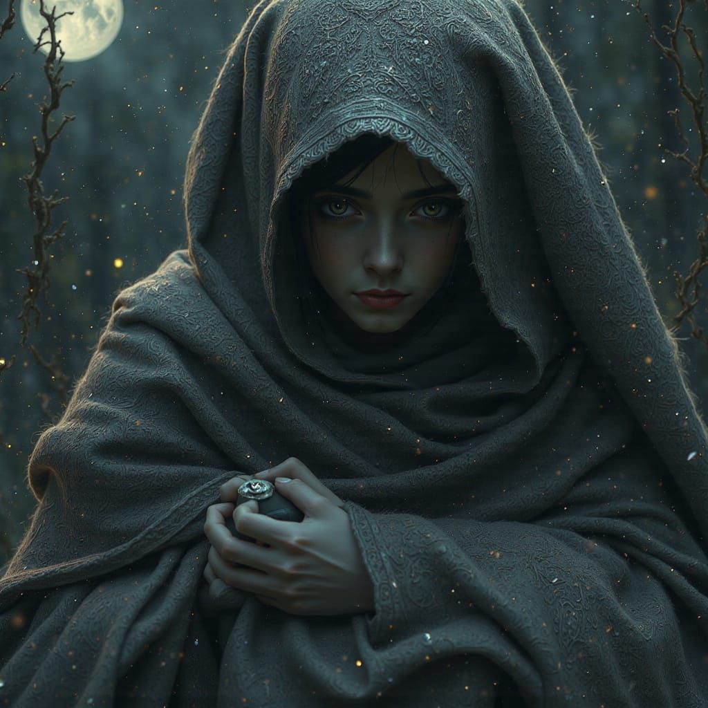 Startled Woman in Moonlit, Surreal Scene