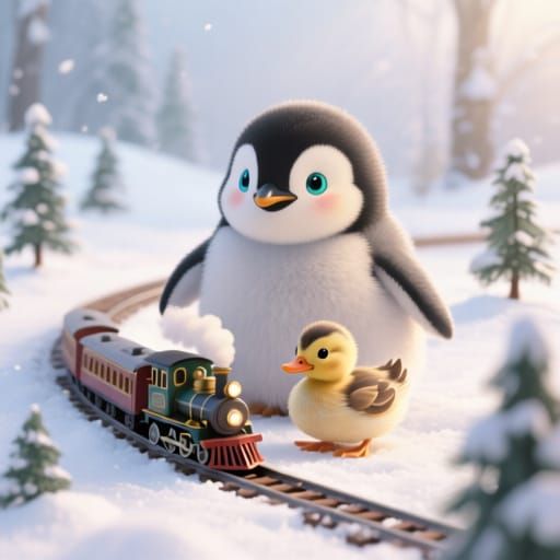 Baby Penguin and Duckling Play with Model Train in Snow