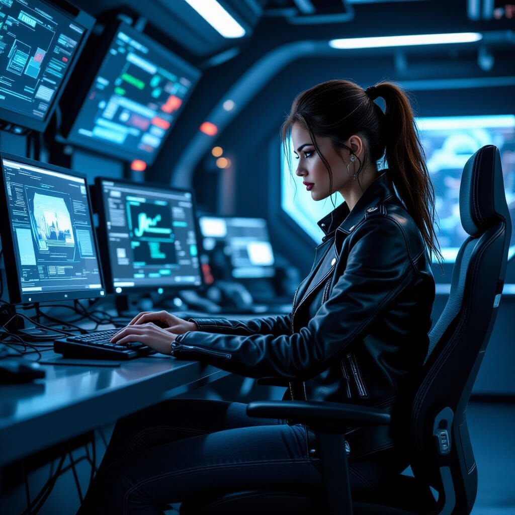 Cyberpunk Woman Working at Futuristic Computer Station