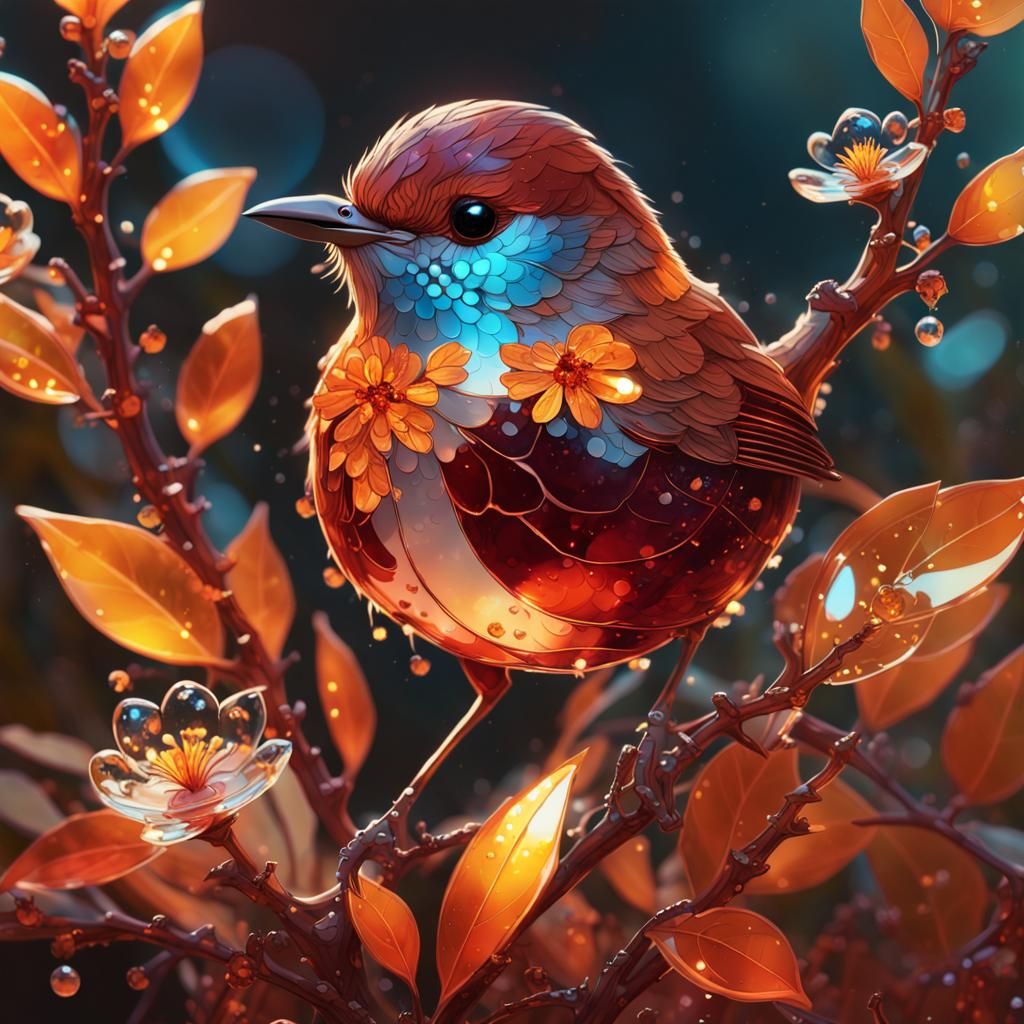 Garnet Wren with Glass Flowers: Stylized Splash Art
