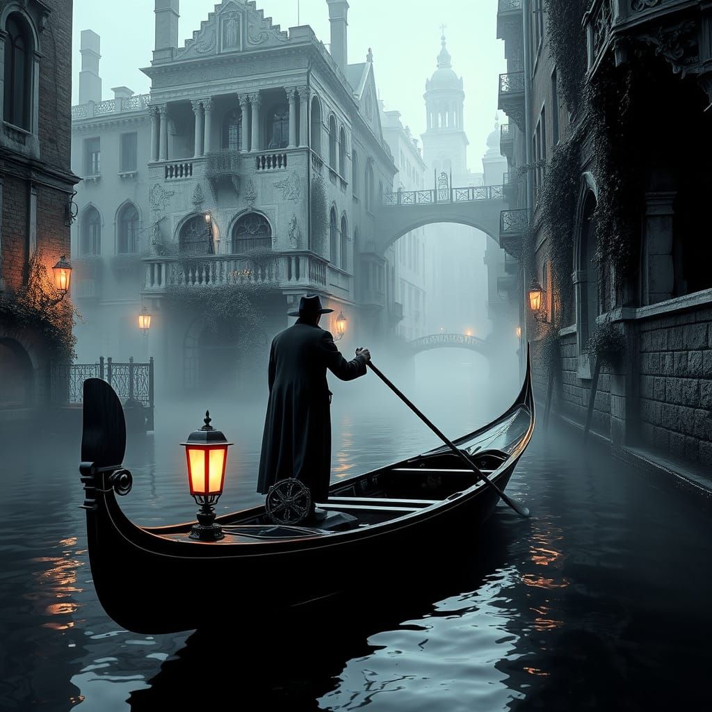 Gothic Noir Gondolier in Mist-Shrouded Canal