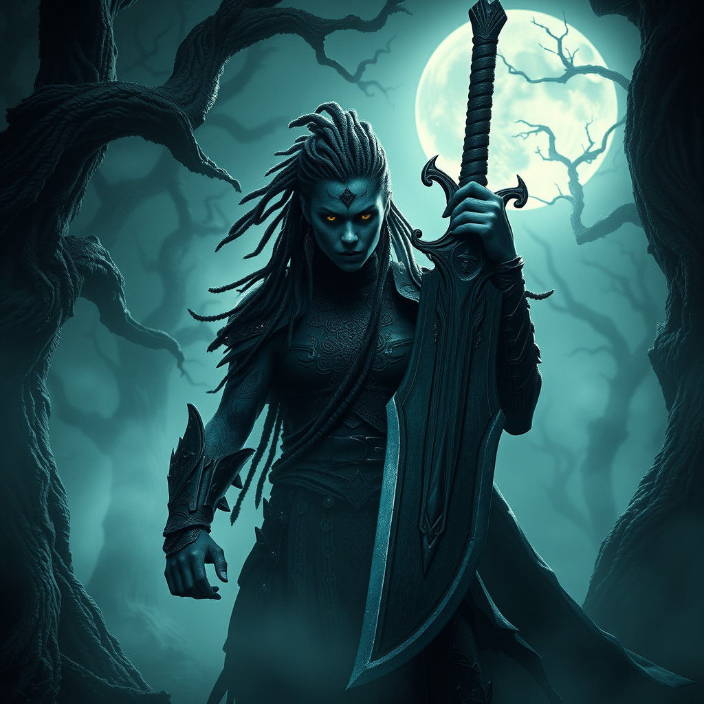 Blue-Skinned Warrior in Ethereal Forest Moonlight