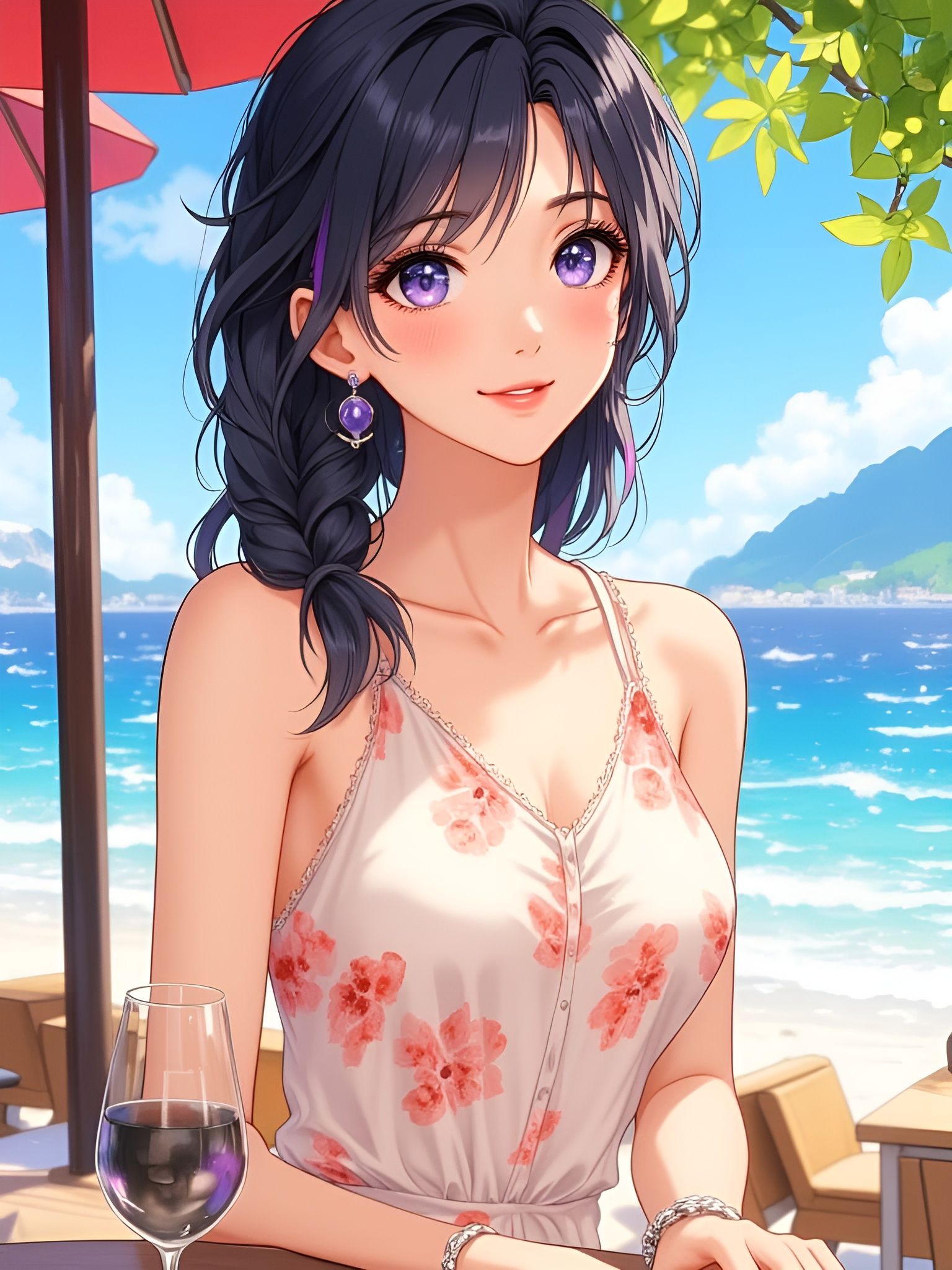 Laughing Anime Woman at Beach in Josei Manga Style