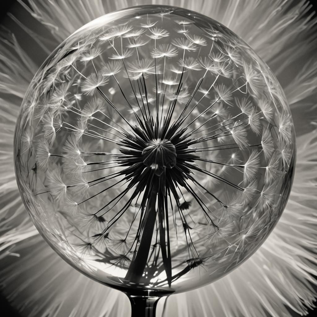 Monochrome Photogram of Dandelion in Glass Globe