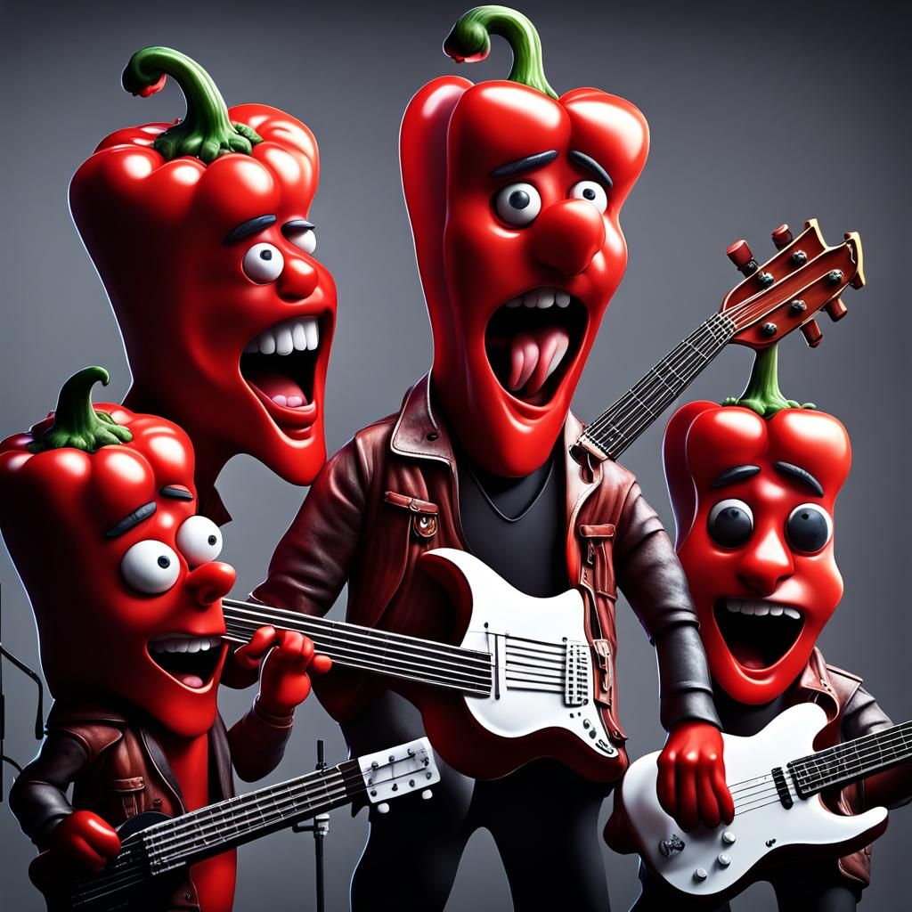 Hyper-Realistic Red Pepper Rock Band in Cinematic Lighting