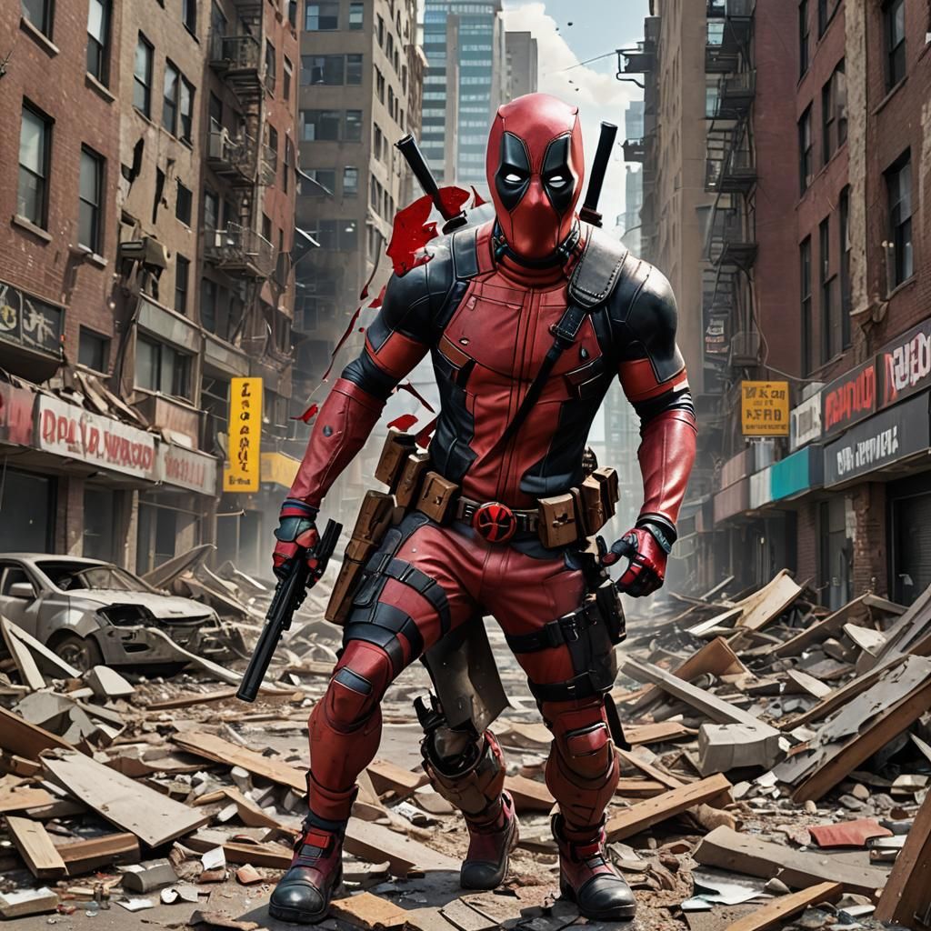 Deadpool in Destroyed City: Comic Book Style
