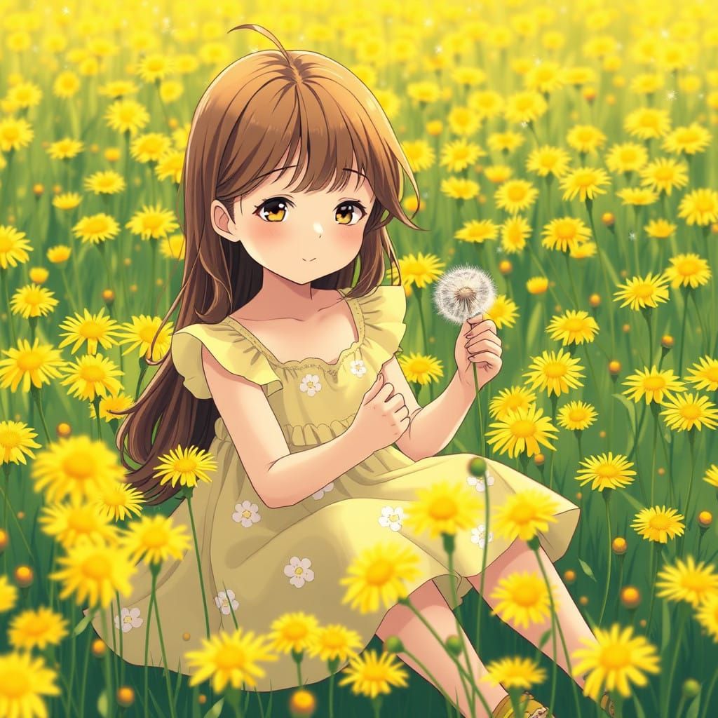 Girl in a Field of Yellow Dandelions