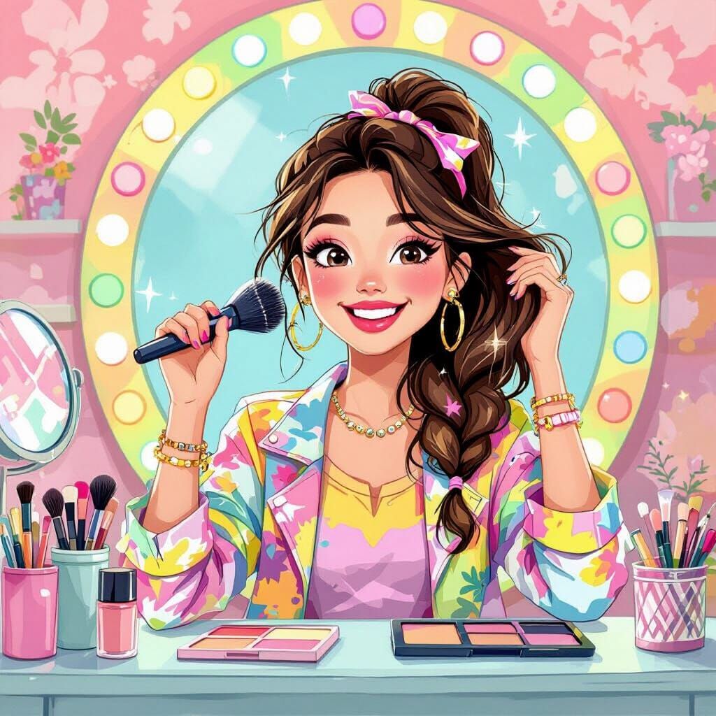 Cartoon Girl Christina Brushing Hair in Pastel Setting