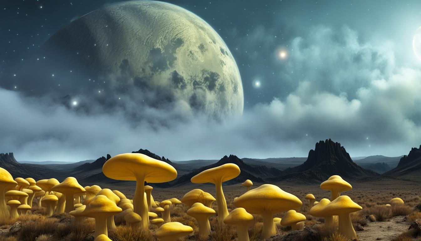 Alien Planet with Giant Mushrooms and Misty Sky