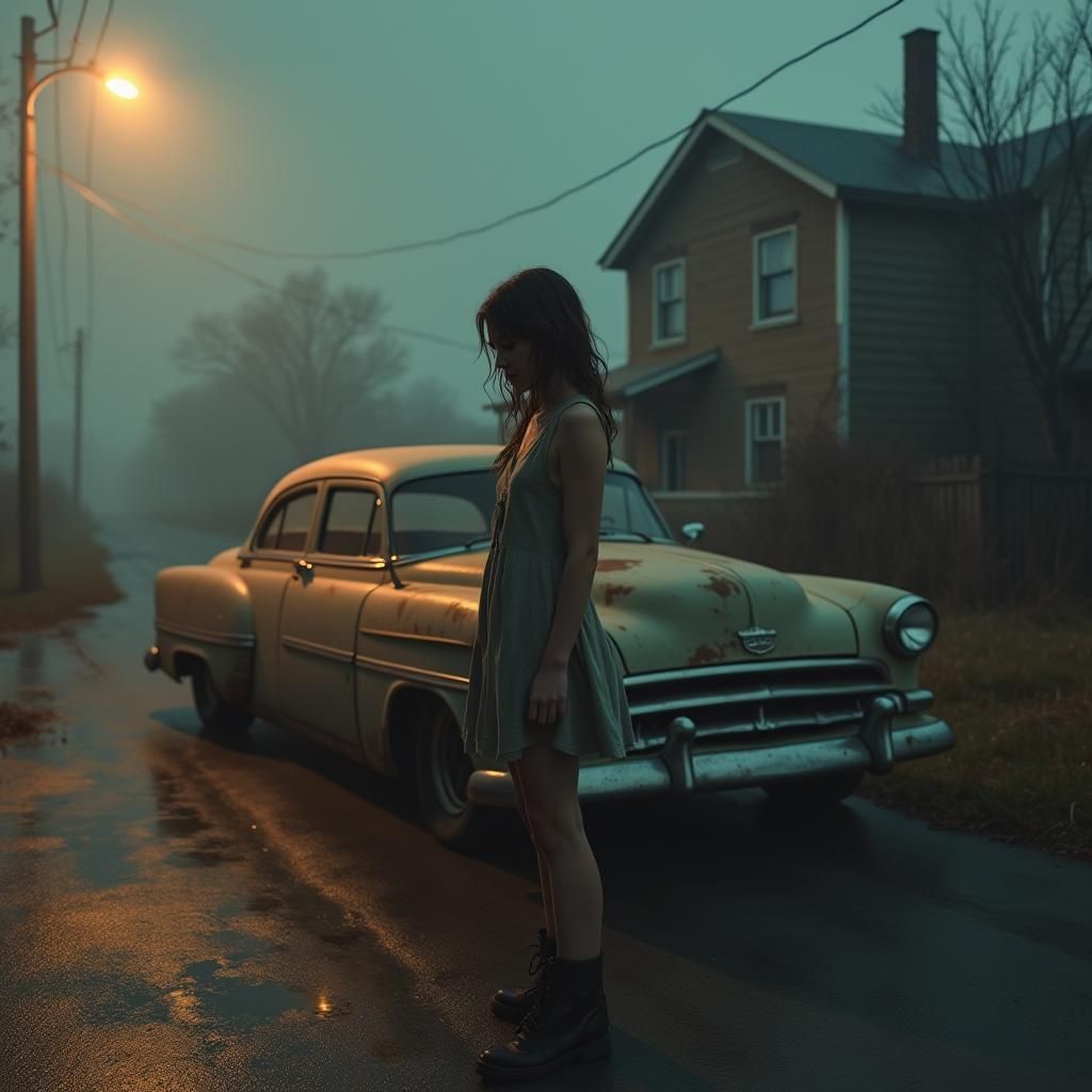 Teen Girl Beside Old Car in Twilight, Photorealistic Style