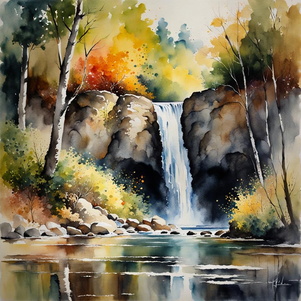 Whimsical Waterfall Watercolour Masterpiece in Hyperrealisti...