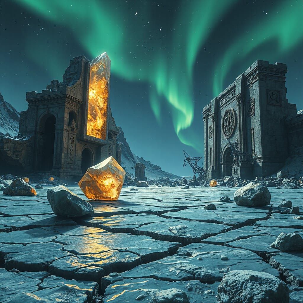 Alien Ruins on Frozen Planet with Golden Light