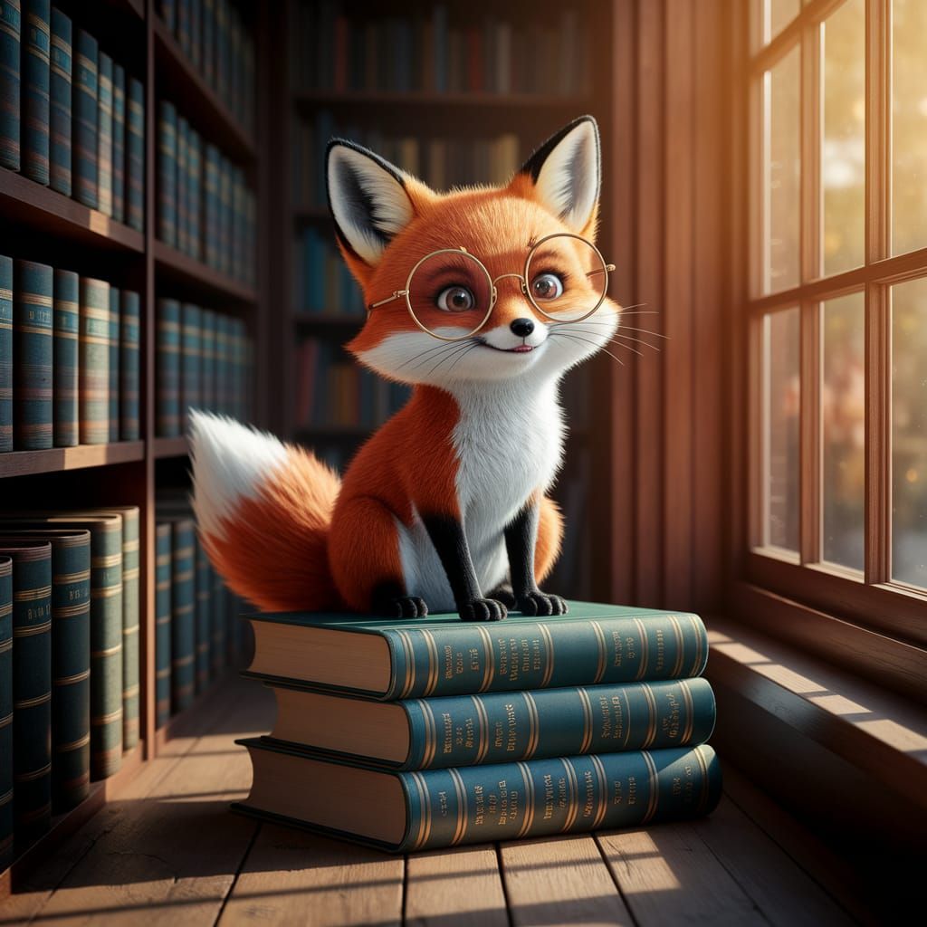 Whimsical Fox in Vintage Bookstore Corner