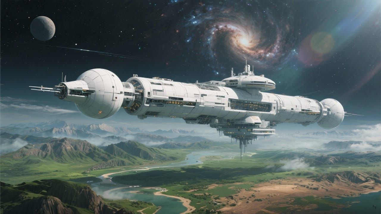 Futuristic Space Station Orbiting Green Continent