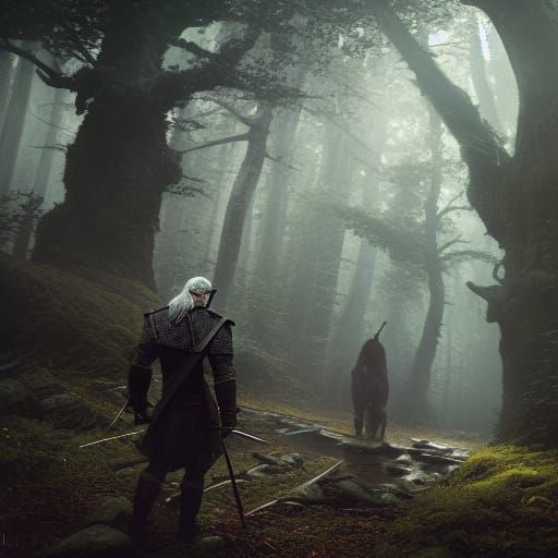 Witcher Stalks Troll: Dark Fantasy Concept Art
