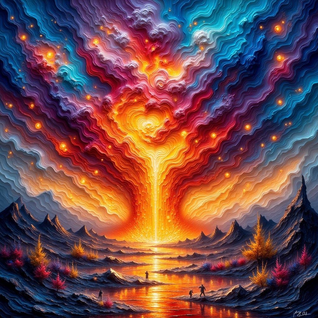 Dynamic Volcano Explosion in Vivid Oil Painting Style