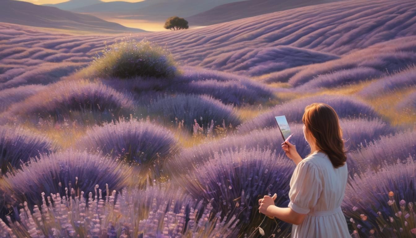 Woman Painting in Lavender Field: Impressionist Oil Painting
