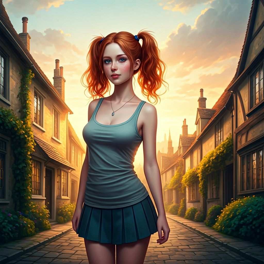 Red-Haired Woman in English Village at Golden Hour