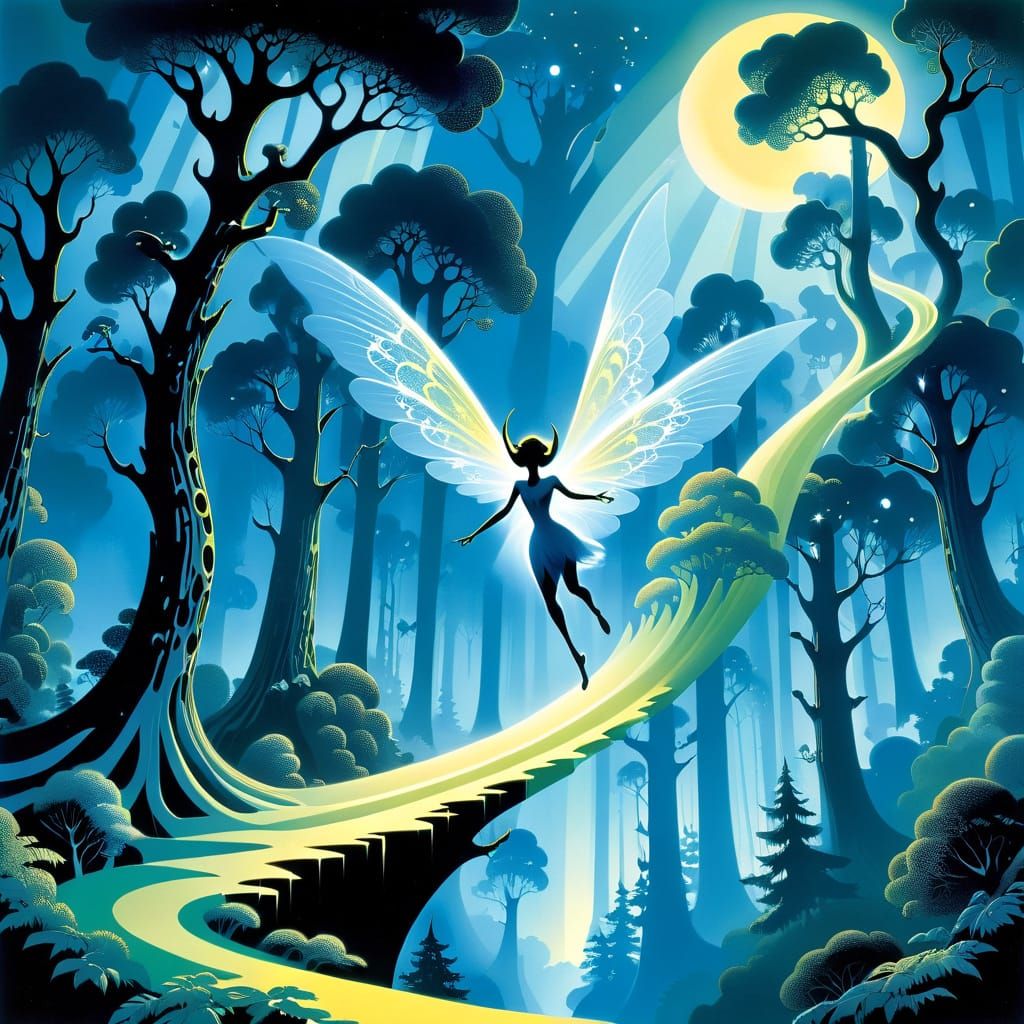 Surreal Forest Sprite Leaps into Starry Night Sky