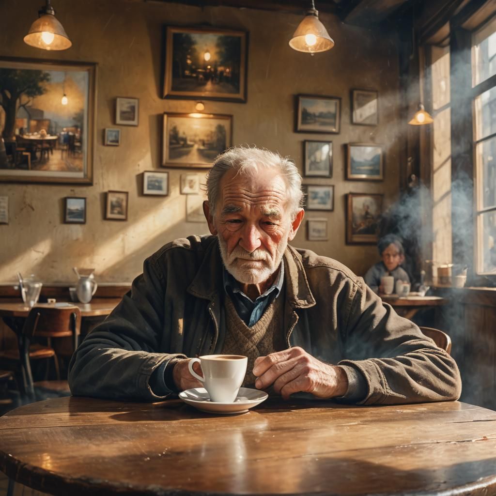 Impressionist Painting of Old Man in Cafe