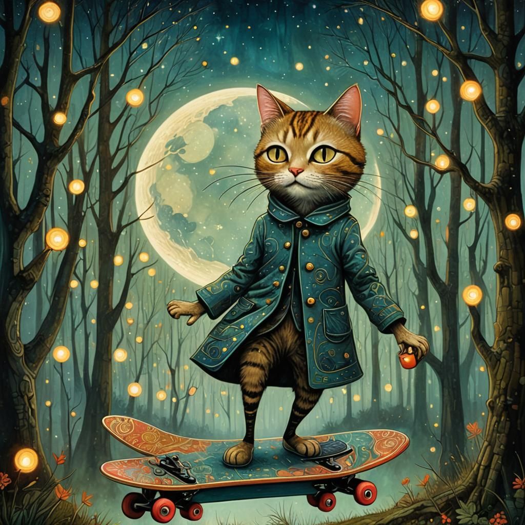 Dreamlike Woman-Cat with Futuristic Skateboarder, Art Brut