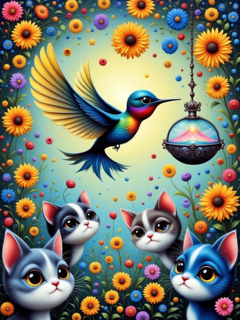 Hummingbird & Cats in Whimsical Garden