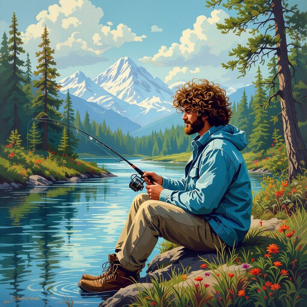 Fishing on the Riverbank, Bob Ross Style