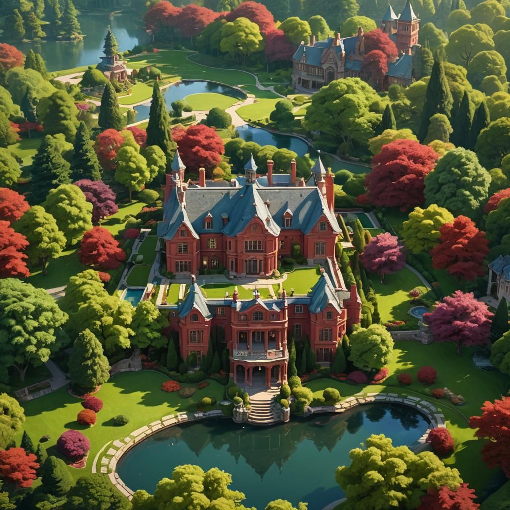 Majestic Red Stone Mansion in Fantasy Garden
