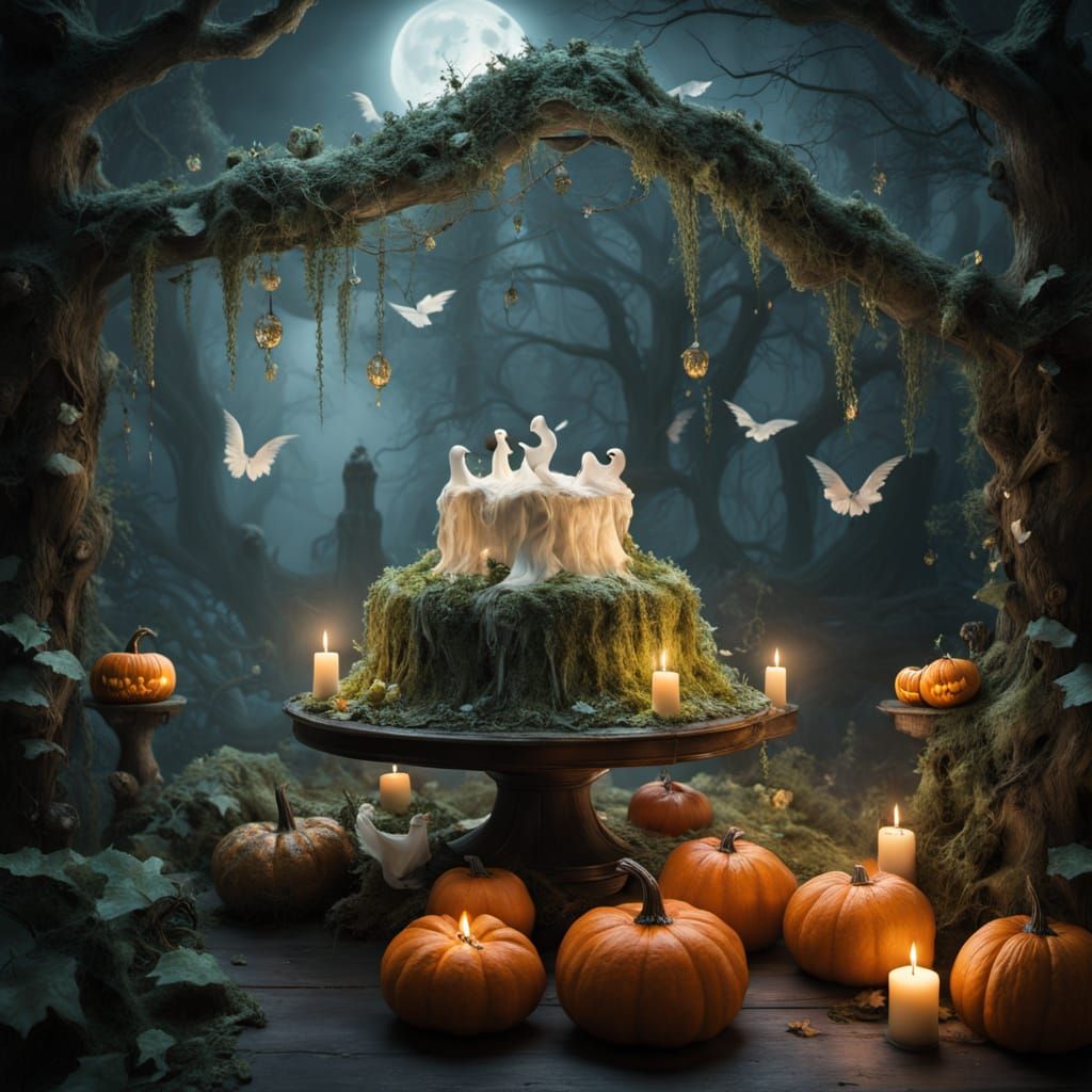 Ethereal Ghost Children Play in Moonlit Haunted Garden