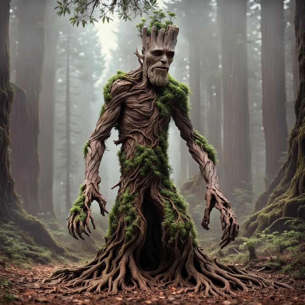 Deformed Groot Tree Man Walks in Forest