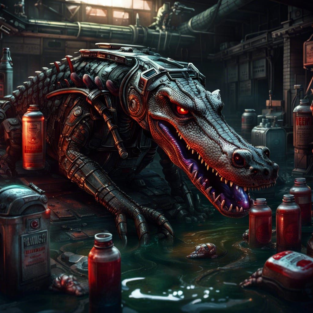 Cyberpunk Alligator Terminator Mech War Scene