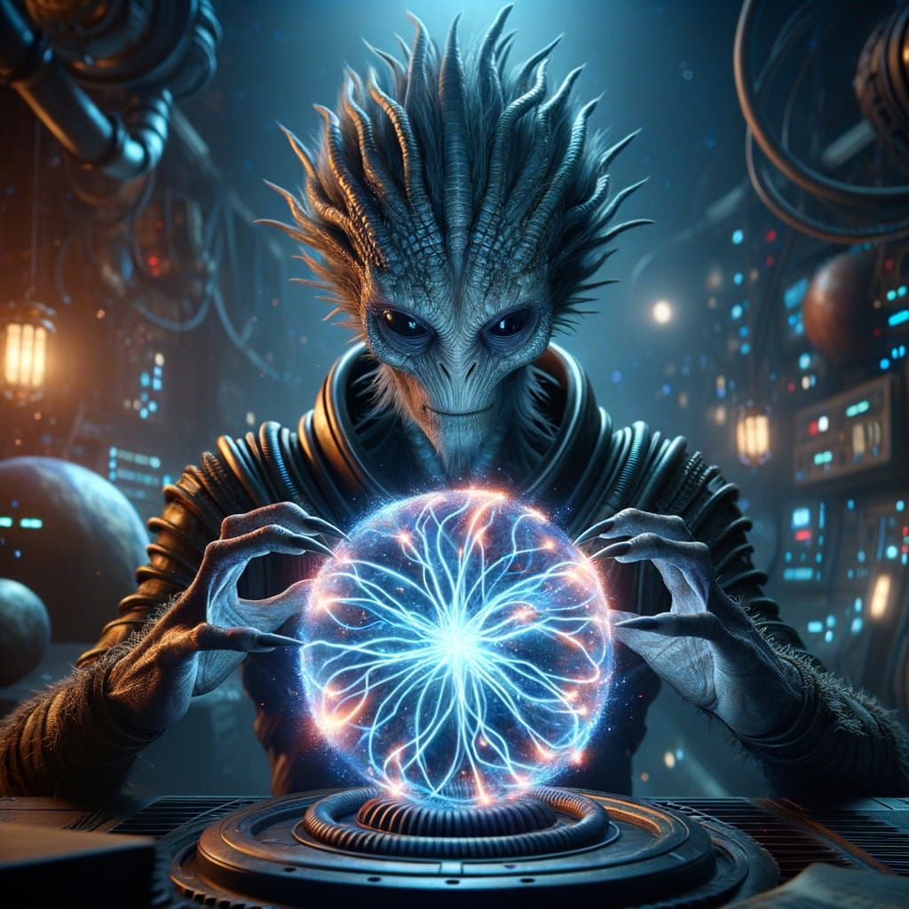 Alien Scientist Studies Plasma Orb in Futuristic Lab