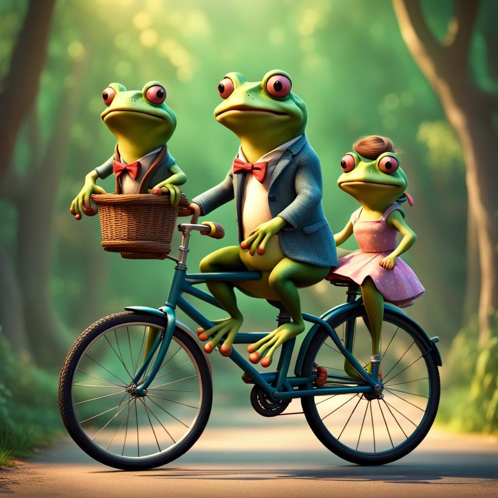 Frogs riding bicycle