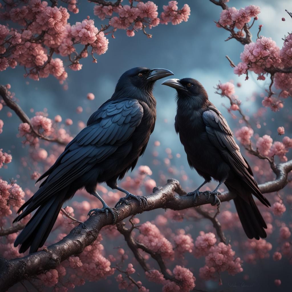 Crows on Blossoming Branch: Detailed Matte Painting