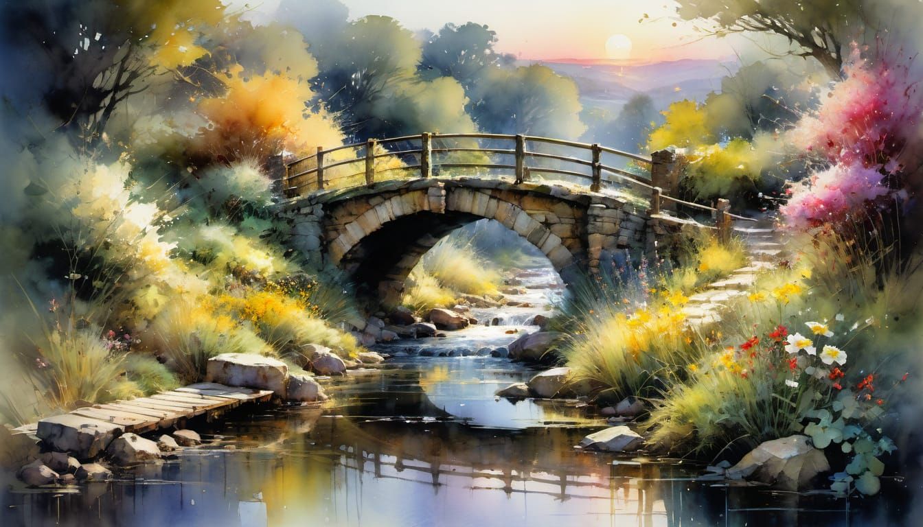 Watercolor Fairytale Bridge Under Sunset