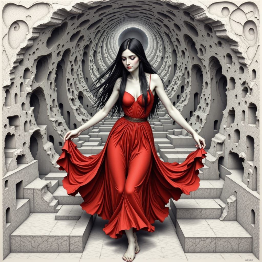 Maiden Dancing on Moon in Escher Sketch Style