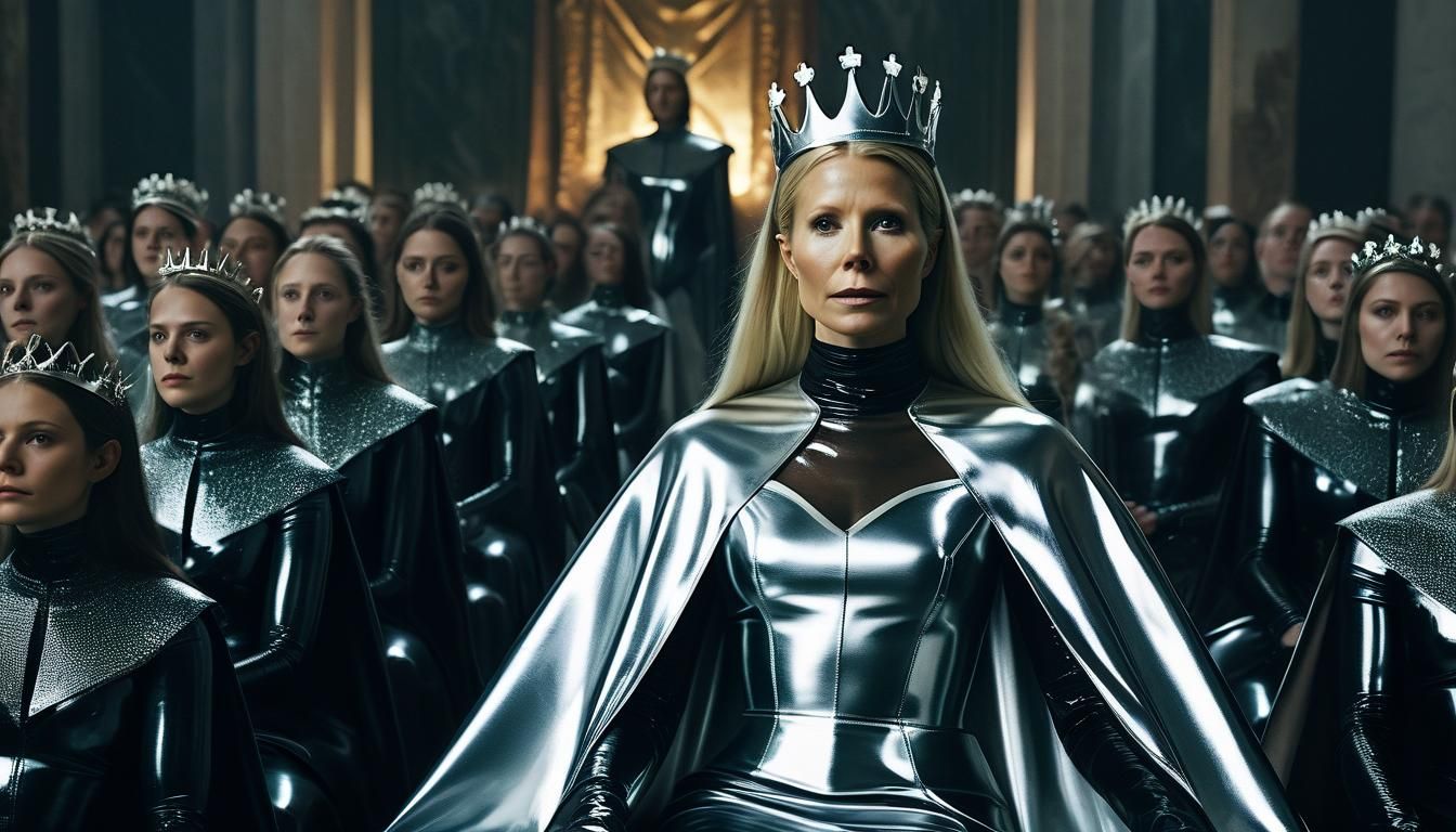 Latex Empress on Throne: Cinematic Film Still