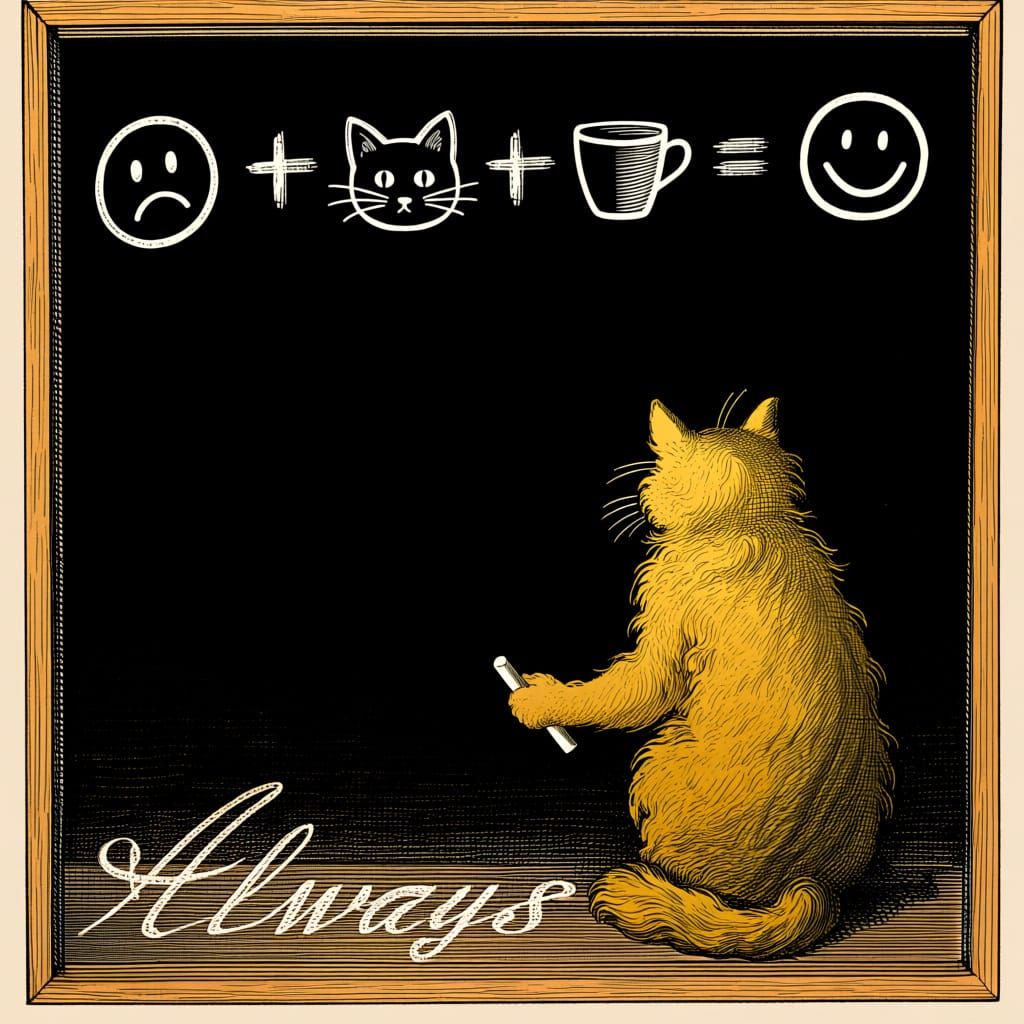 Golden Age Cat Writes Equation for Happiness