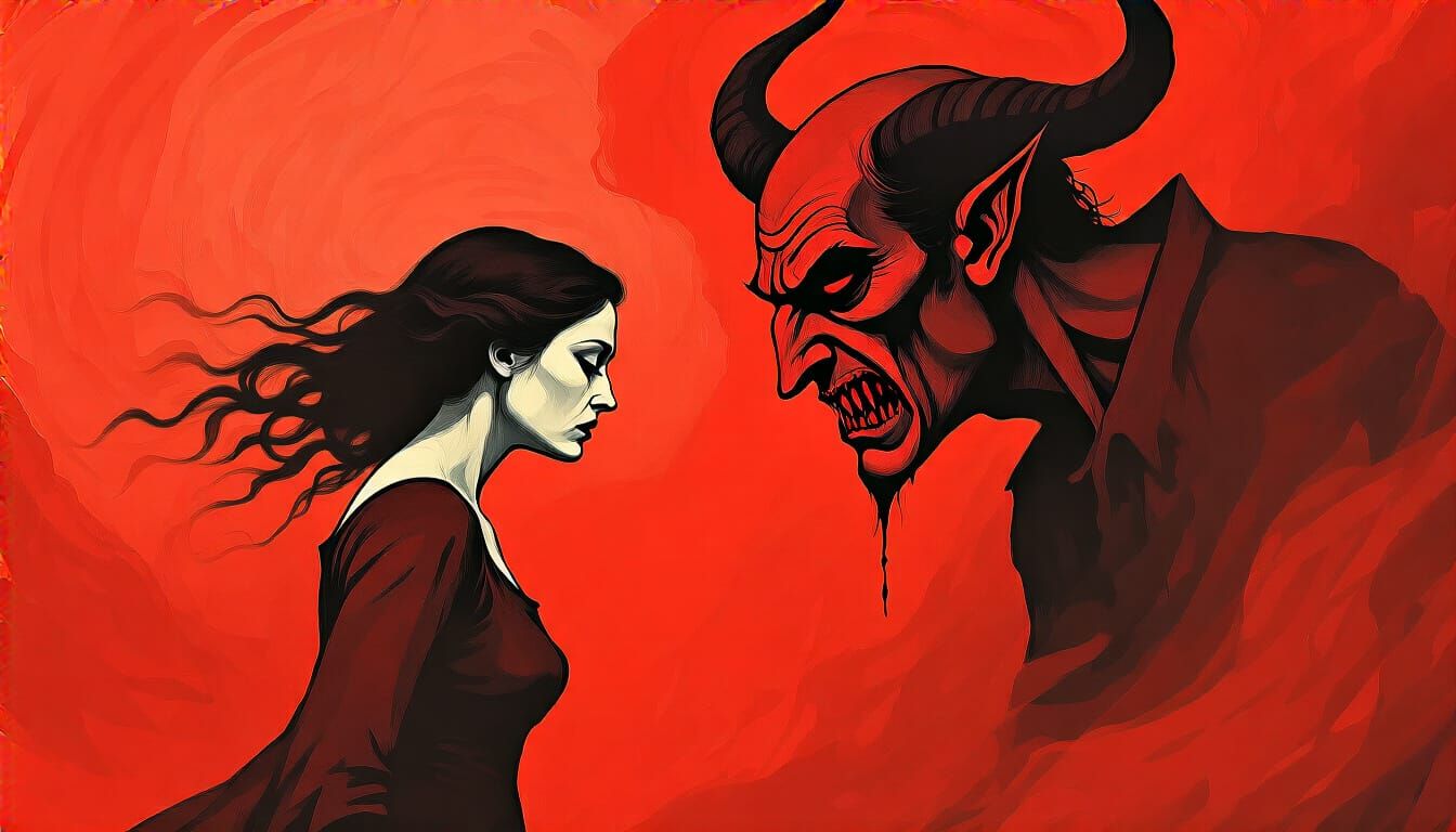 Woman Fights Devil for Love in Red Expressionist Style