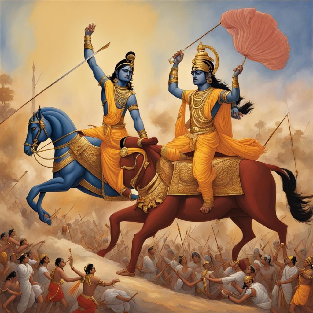 Arjuna and Krishna in Battle, Allen Jones Style