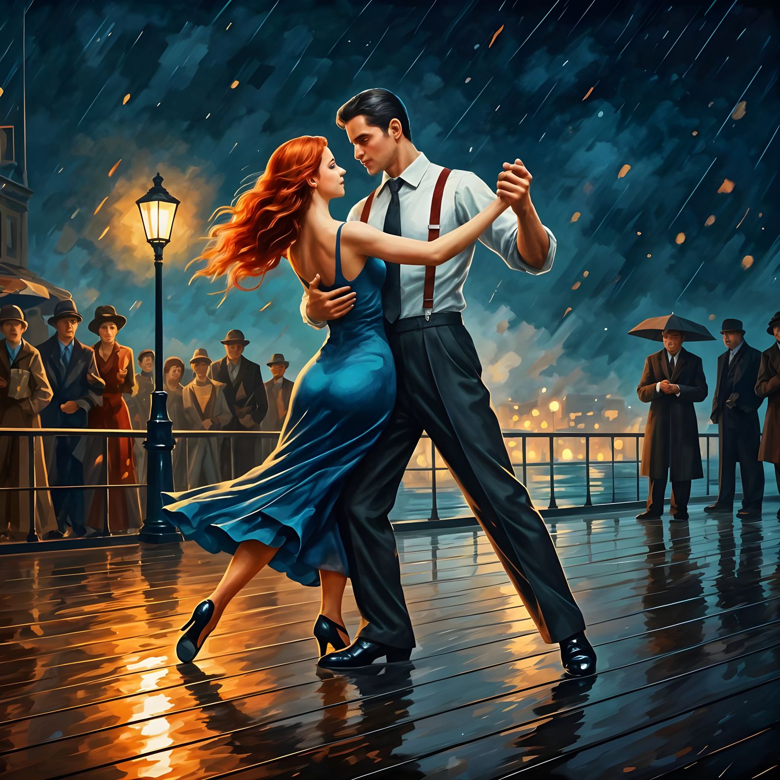 Tango in the Rain, Impasto Oil Painting