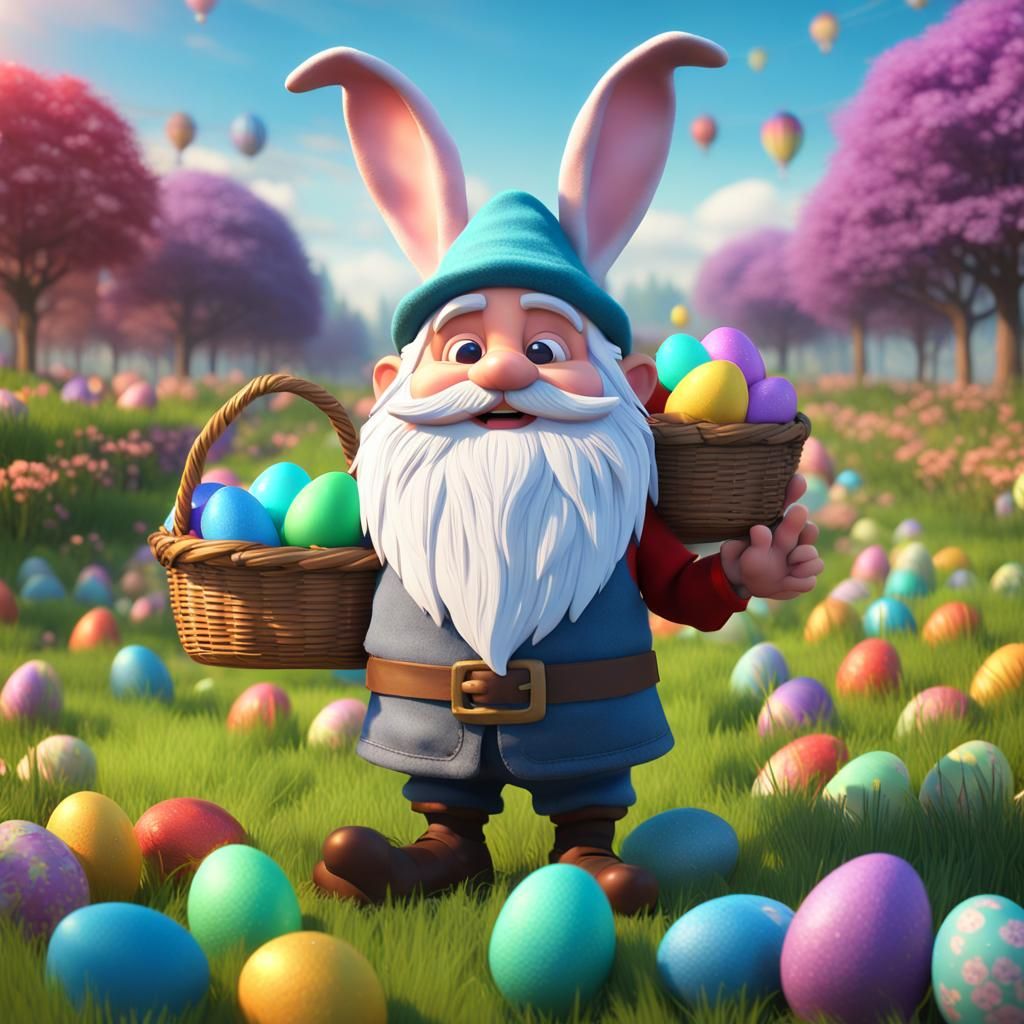 Gnome with Bunny Ears in Easter Field, 3D Art