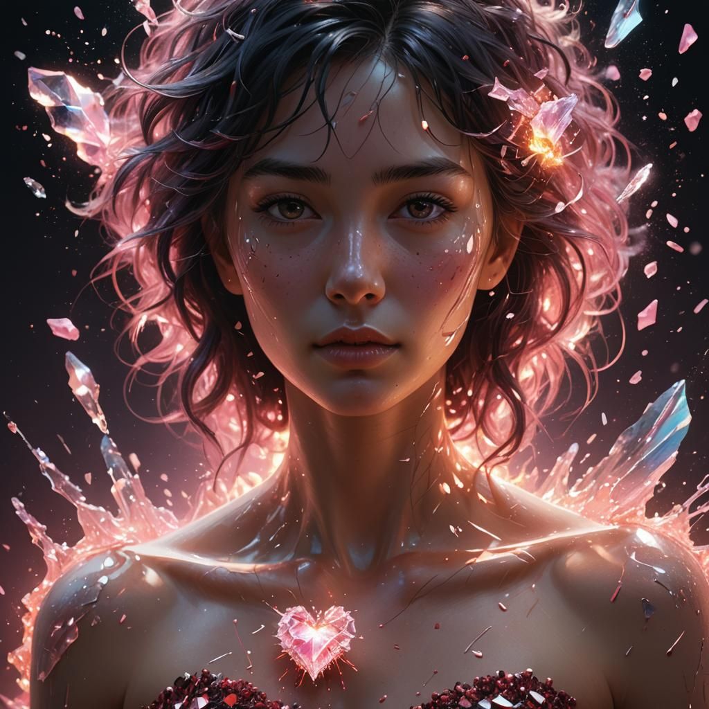 Glowing Crystal Heart on Woman, Digital Art