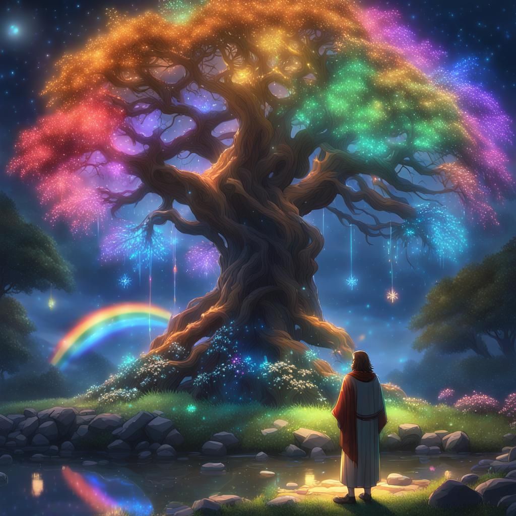 Jesus Beside Radiant Tree of Life Under Starry Night Sky
