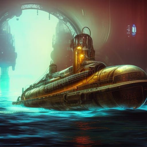 Steampunk Submarine in Underwater City Concept Art